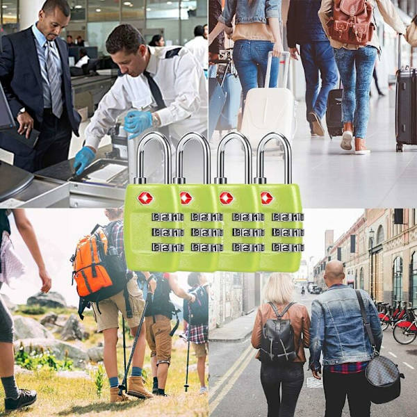 Bagagelås (4-pack) - 3-siffrigt kombinationslås - TSA-godkänt lås för resväskor och bagage (Grön1)