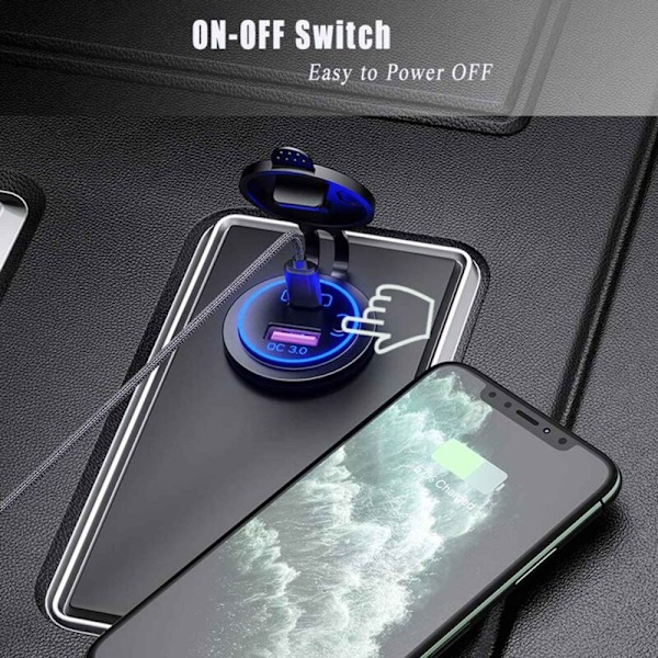 4X USB PD Type C & QC 3.0 Autonlaturi 12V Pistorasia Päällä/Pois-kytkimellä
