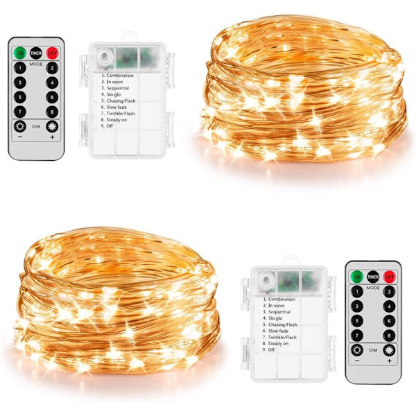 2 Pak 16ft 50 LED Fejelygter Batteridrevet Jul, Have, Soveværelse Dekoration (Fjernbetjening) - Varmt Hvid