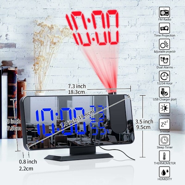 Takprojektionsväckarklocka Digital klocka med spegelskiva och projektor Dimmer 15 Volym 2 Ringsignal FM Radioväckarklocka- Blå