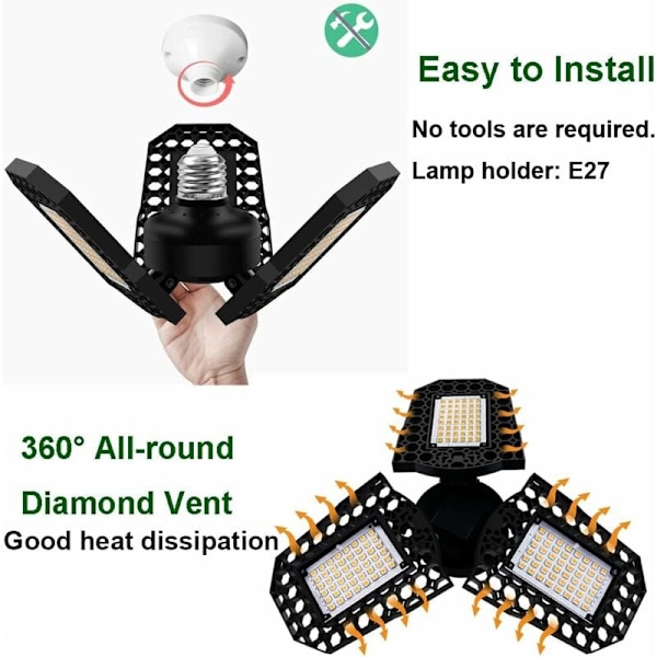 40W LED Garage Lys, E27 Deformerbar Loftlampe med 3 Justerbare Paneler, Kold Hvid, til Garage Værksted Lagerkælder Gang Stadion