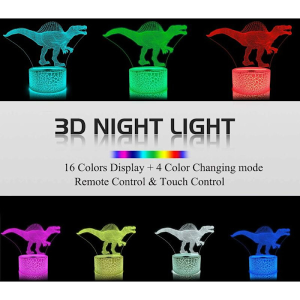 3D Dinosaur Natlampe Spinosaurus Illusion LED Sengelampe 16 Farver Fjernbetjening Gave