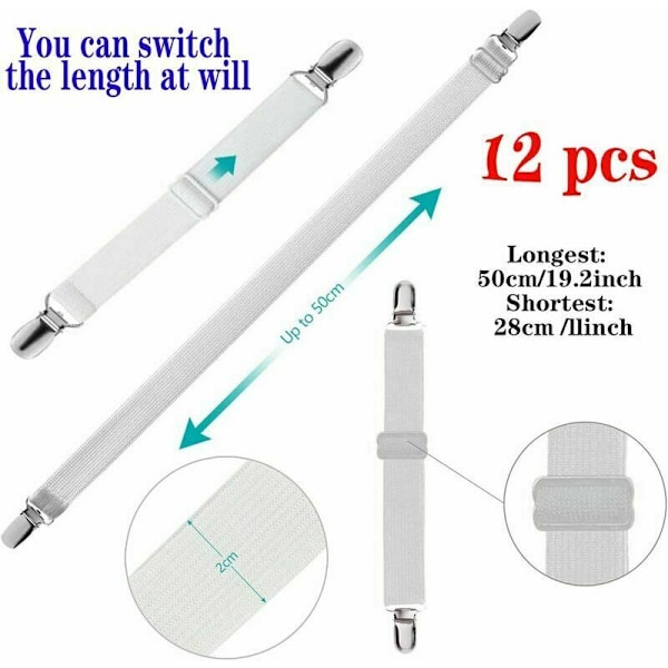 12 Elastiske Strammebånd, Lakentrammer, Elastiske Madrassklemmer, Elastiske Strammebånd for Madrasslaken, Justerbare Lakenklemmer for Senglaken med Suspe