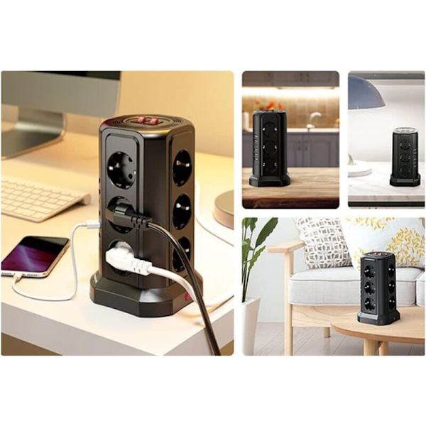 Tornin muuntaja 1,7 m:n pituudella, ylikuormitussuoja, lastensuojaus, yksittäiset kytkimet, 12 pistorasiaa, 2500 W, sähköinen, 5 USB-porttia