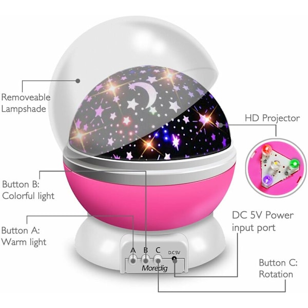 Stjernehimmel Projektor Natlys, Babylys 360° Rotation LED Stjernelys Lampe Stjernehimmel Projektor med 8 Farvede Lys Projektion, Perfekt Gave til