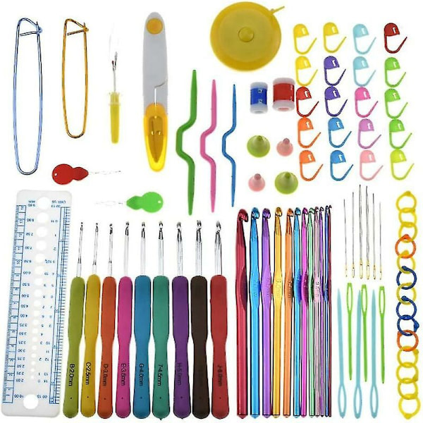Virka nål set 85 delar virka verktyg ergonomiska stickor med komplett virka tillbehör