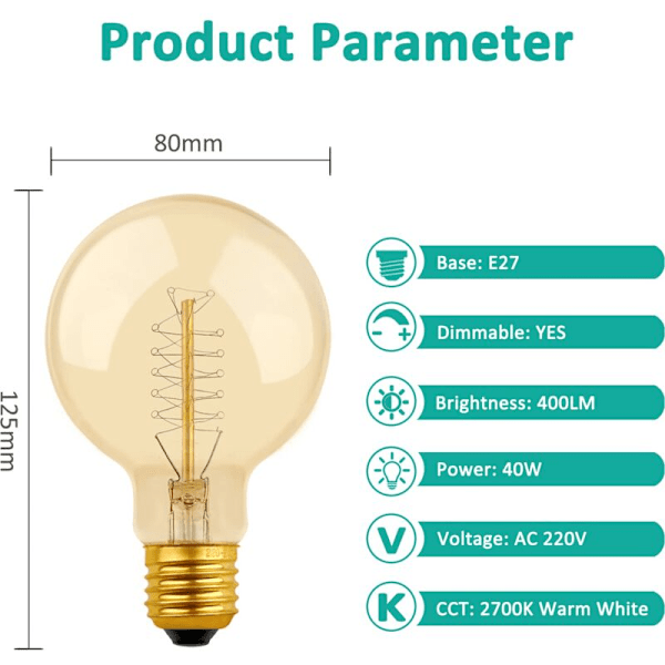 Vintage Globbelampa G80 E27 Dimbar 40W Varmvit 2700K, AC 220V, Retro Glödlampa med Spiral Tungsten Filament, 2-pack