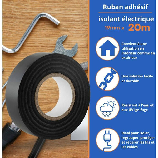 Sort elektrisk isolerende tape - 19 mm x 20 m - stærk, selvklæbende - beskyt, bundt, reparer kabler - 1 rulle
