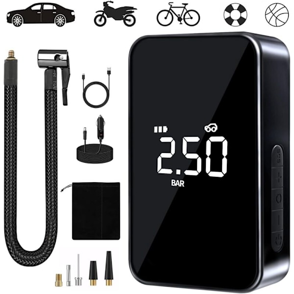 Bärbar Luftkompressor, Mini Elektrisk Luftpump, Elektrisk Cykelpump, Kompressor med LED-Ljus Digital Display och USB C-Port