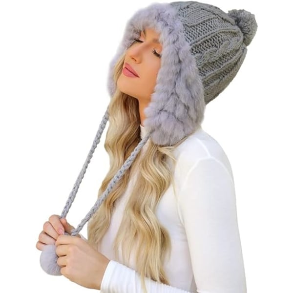 Vinterhuer til kvinder Varm strikning Ørebeskyttelse Uldhue med fløjlsbobble Pom-hatte