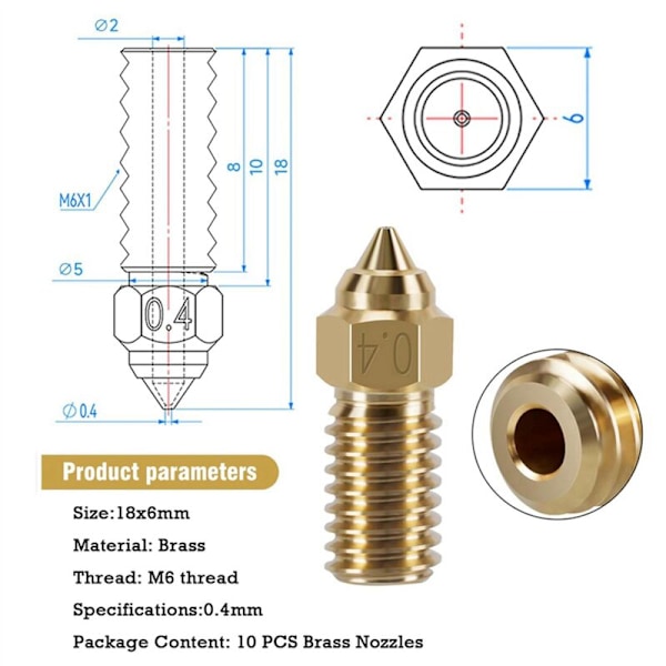 20 stk. Dysenkit til Neptune Serie 4, 0,4 mm Messing 3D-printer 4 Pro