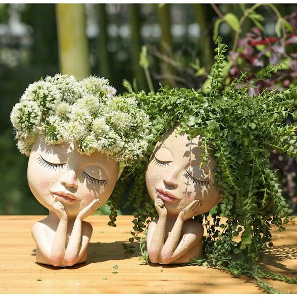 Ansiktsblomsterpotte - Blomsterpotter for innendørs og utendørs planter - Harpiksblomsterpotter med dreneringshull (middels størrelse) - Mørk-DENUOTOP