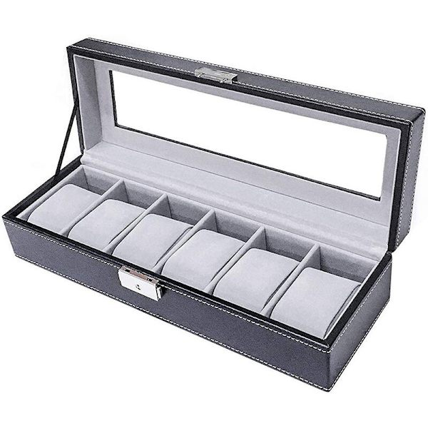 Klocklåda, smyckeskrin 30 x11 x 8cm, presentförpackning, klockfodral, 6 kuddar, enordslås grått sammetsfoder 6-bitars klocklåda