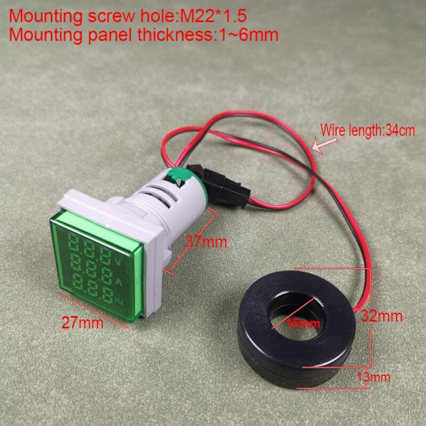 22mm AC Strøm- og Spændingstester, AC 50-500V/0-100A/0-99Hz Voltmeter Amperemeter Frekvensmåler med 3-cifret LED-display Multifunktionelt Multimeterpanel (