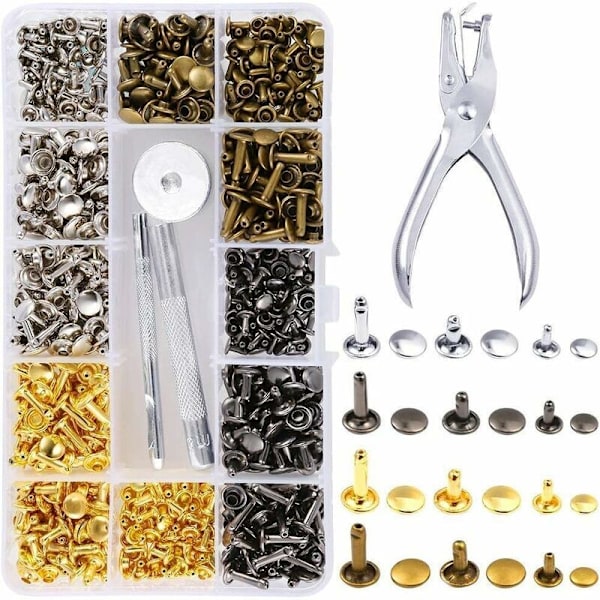 360 Läder Nitar Set Dubbelhatt Nitar Tubulära Metall Dubbar 3 Storlekar med Stanshåltagare 3 Stycken och Inställningsverktygssats för Läderhantverk Dekoration Reparation