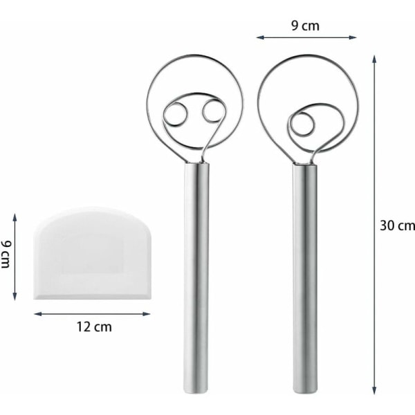 Dansk deigvisp, sett med 2 deigvisper i 304 rustfritt stål, manuell mikser for brøddeig, kakebaking for bakverk, pizzabunn