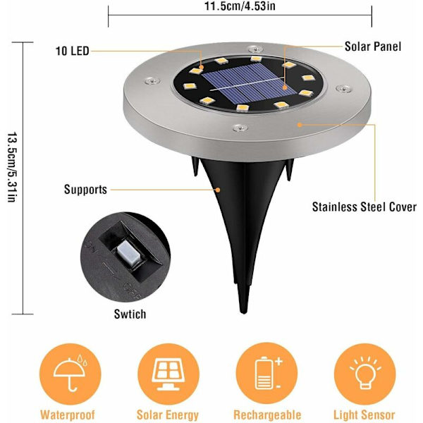 Solcellslampa för utomhus, 6-pack, 10 LED, Vattentät IP65, Solcellsmarklampa - Fei Yu