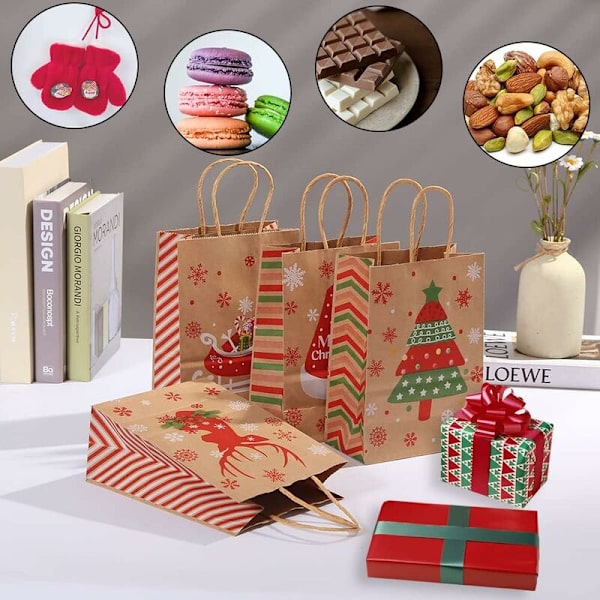 Julegaveposer, 12 stk Kraftpapirposer med håndtak, Store julekraftposer, 3 forskjellige størrelser gaveposer Bursdagspose for godteri til jul