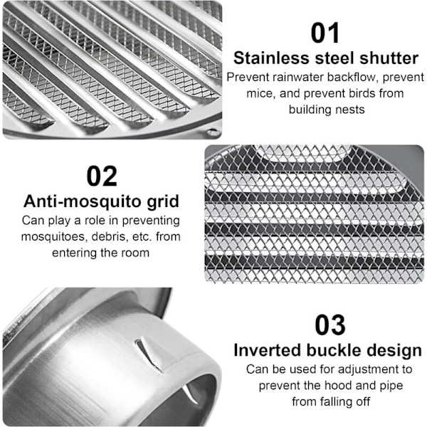 Rund Ventilationsspjæld i Rustfrit Stål 100 mm Metal Ventilationsspjæld Vejrbeskyttelsesspjæld med Insektsbeskyttelse Ventilationsspjæld Ventilat