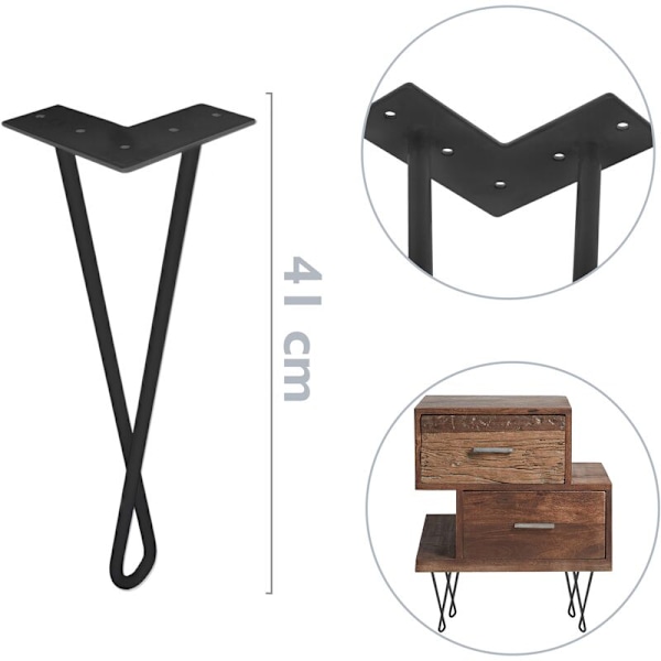 Bordben til møbler og skrivebord i stål 2 stænger 41 cm sort 4-pak loop model