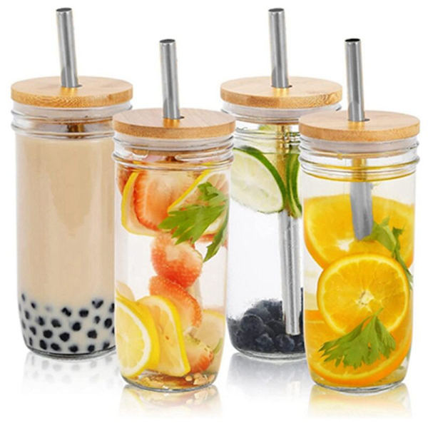 24 Oz Glas Tumlare med Bambulucka och Sugröröppning Masonburk för Smoothies, Juice, Te, Iskaffe