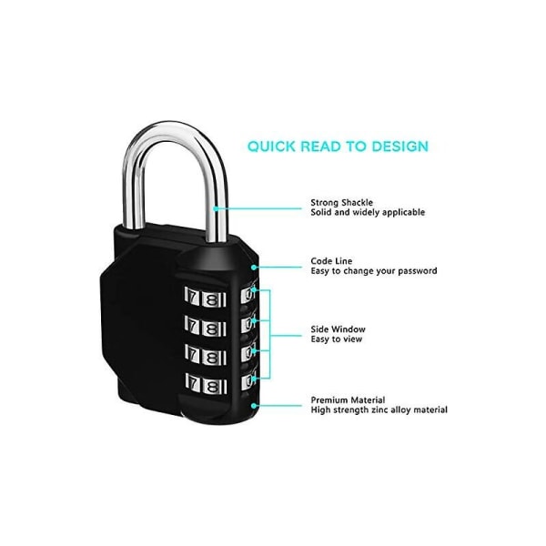 2-pak kombinasjonslås, 4-sifret hengelås, værbestandig kodet hengelås for utendørs-solrik