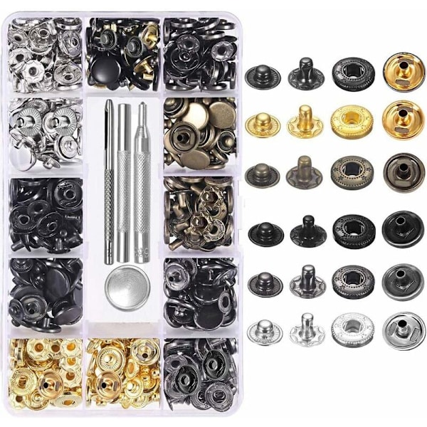 120-delars Set Lädertryckknappar Kit 6 Färger Metallknappar med 4 st Fixeringsverktyg för Kläder, Läder, Jacka, Denimkläder, Väskor, Armband 2 Storlekar