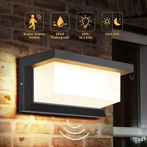LED Vægskinne Udendørs Bevægelsessensor, 18W IP65 Kvadratisk Sort Belysning Radarlysstyring Til Indgang, Gang, Sti, Terrasse, Balkon, Garage. (Hvid