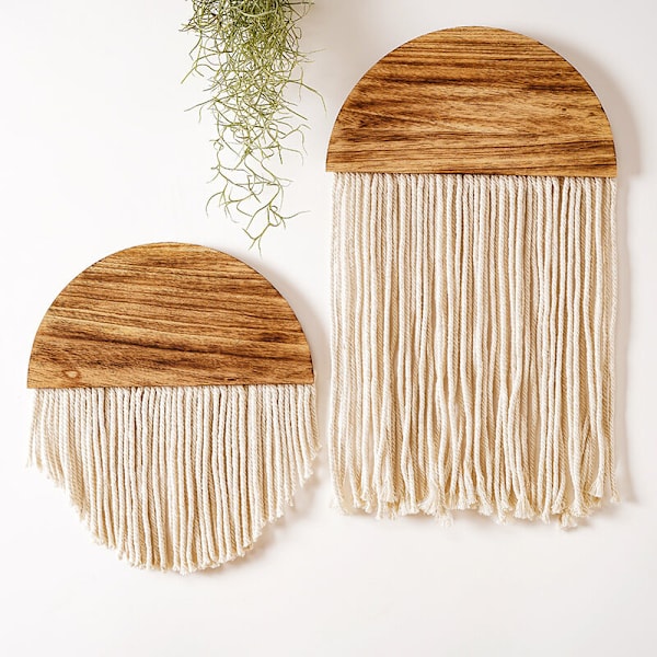 Dørgardin Macrame Væghængende Dekoration Boheme Halvcirkel Træplade Ornament med Lange Kvaster Håndlavet Trævæv Halvcirkel Træhylde f