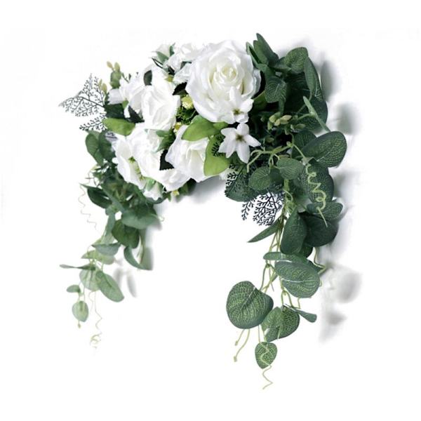 Konstgjord Rosblomma Swag, Faux Swag med Eukalyptusblad för Dörren Bröllopsbåge Spegel Bord Stol Dekoration