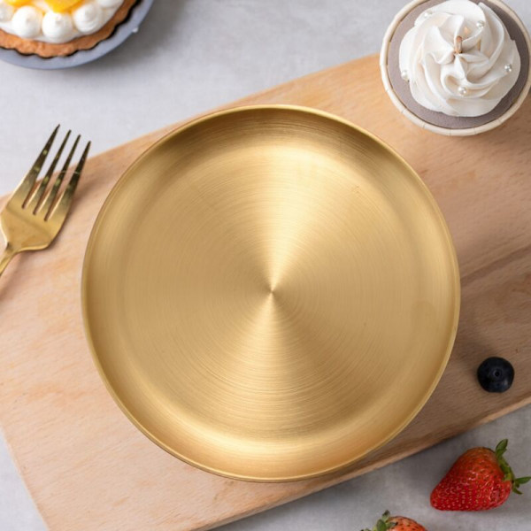 Rustfritt Stål Serveringsfat Middagstallerken Mat Salatbeholder Frukt Dessertfat Vestlig Biffbrett Gull
