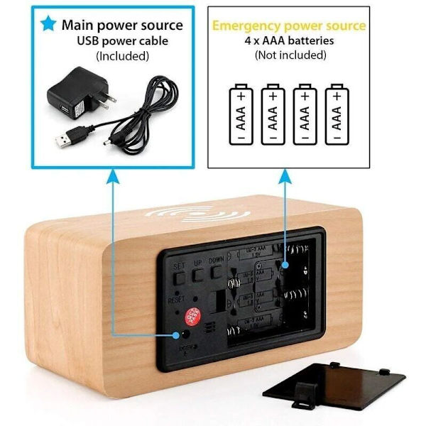 Digital termometer väckarklocka Trä digital väckarklocka LED digital trä väckarklocka med trådlös laddare, Trä väckarklocka med induktionsladdning