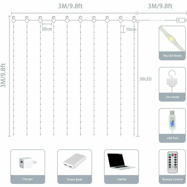 Verhojen valosarja - 3x3M/300LED Verhovalot USB-virralla Vedenkestävä Verhovalosarja 8 Tilaa Kaukosäätimellä Ajastimella Ikkunavalo Joulu P