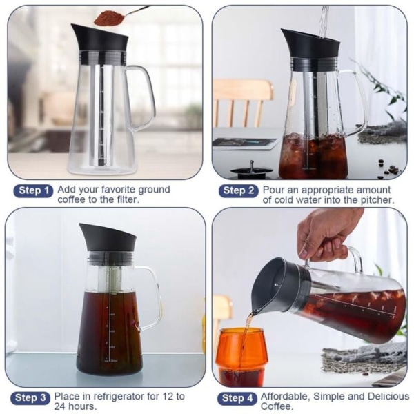 Kaffebrygger for kald kaffe, kaffebrygger for iskaffe, tekanne for kald kaffe, holdbar glasskaffebrygger og lufttett lokk 1,2L