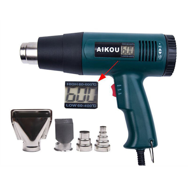 Värmepistol, Heta Luftpistol 1800W LCD Digital Display Temperatur 60 till 600 grader Celsius Snabb Uppvärmning, Luftflöde 300 till 550L / Min + 4 Munstycken