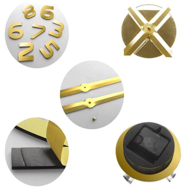3D Stor Lydløs Moderne Arabisk Veggklokke DIY - Hjem Kontor Stue Dekorasjon Gave (Gull)