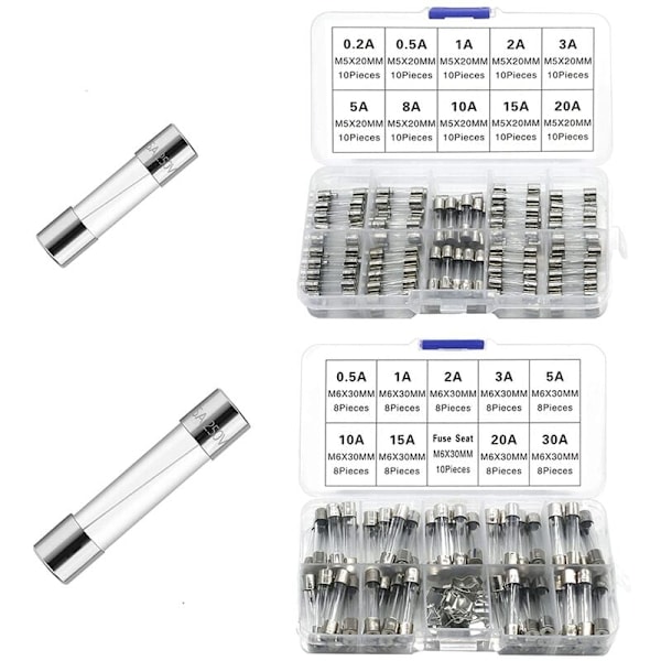 182 stk 250V hurtig sikringsett - 0,2A 0,5A 1A 2A 3A 5A 8A 10A 15A 20A 30AMP glasskombinasjon (5 x 20mm og 6 x 30mm)