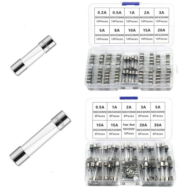 182 stk. 250V hurtigsmeltende sæt - 0,2A 0,5A 1A 2A 3A 5A 8A 10A 15A 20A 30AMP glaskombination (5 x 20mm og 6 x 30mm)