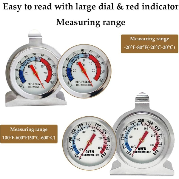 Ovn- og Køleskabstermometer, Stort Rustfrit Stål Ur, med Hængende Krog og Stativ, til Familier Restauranter (8 stk)