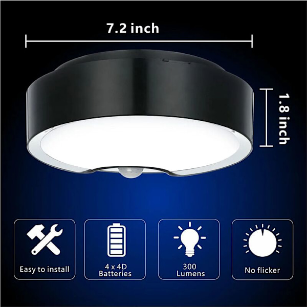LED-liikeanturikattovalaisin, paristoilla toimiva erittäin kirkas sisäkattolamppu, ullakolle, pesutupaan, autotalliin, käytävään, portaikkoon, 18,3 cm 300L