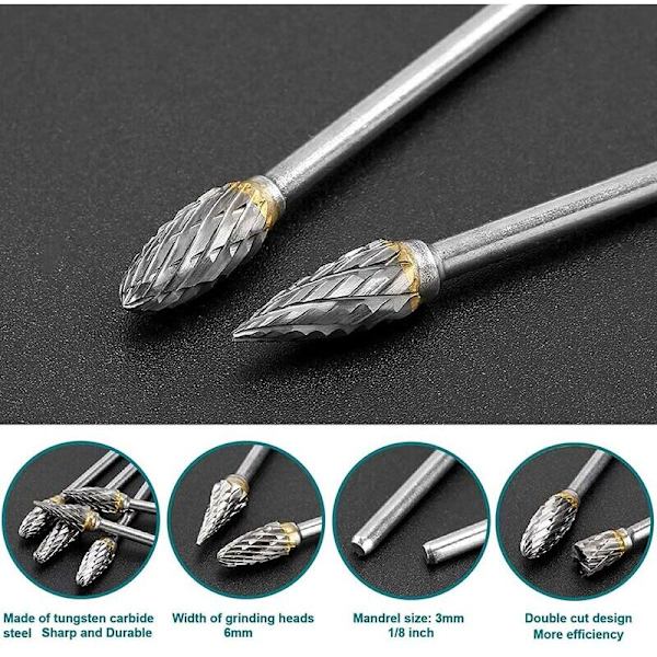 Kaksireunainen volframikarbiditerästä valmistettu pyörivä hiomakärkisetti pyörivälle työkalulle, 10 kpl 1/8” varsi DIY:lle, puunveistolle, metallin kiillotukselle, kaiverrukselle, poraukselle