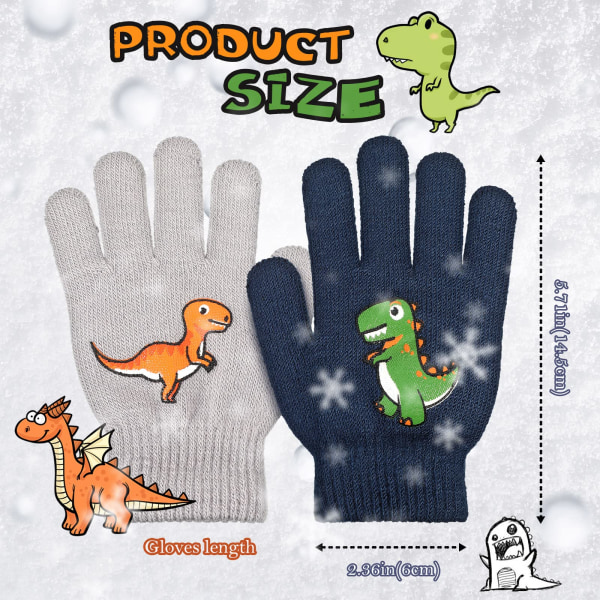 2 par strikkede vinterhansker Magic Stretch Myk Varm Full Finger Kid Dinosaur mønster for gutter, jenter, marine og grå, 6 x 3,34 tommer