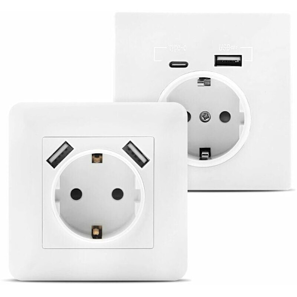 Seinän pistorasia 2 x 2,8 A upotettavilla USB-porteilla, USB-seinäpistorasia (USB-A ja USB-C) yhteensopiva tavanomaisen upotettavan asennuslaatikon kanssa, laturi älypuhelimille