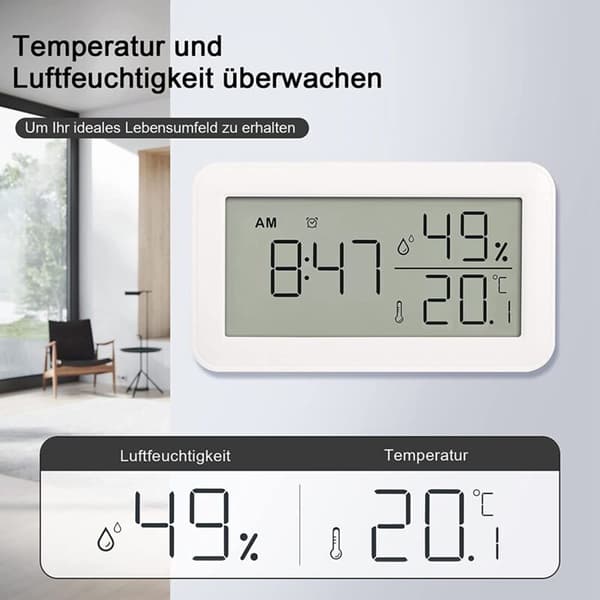 Termometer inomhus hygrometer med väckarklocka, LCD digital termometer, för sovrum, vardagsrum, vinkällare (vit)