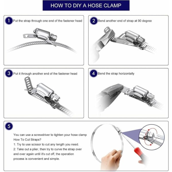 Slangeklemme i stål, ormeklemme, slangeklemme med bånd, 304 rustfrit stål klemmer justerbar skrue slangeklemme (7 stk., 8 fod)