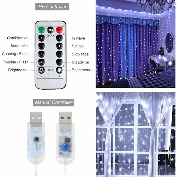 LumiChristmass gardin, 3 x 3M LED lysgardin 300LEDs, 8 lysmoduser, fjernkontrolltimer, vindusdekorasjon, bryllup, hage, rom (