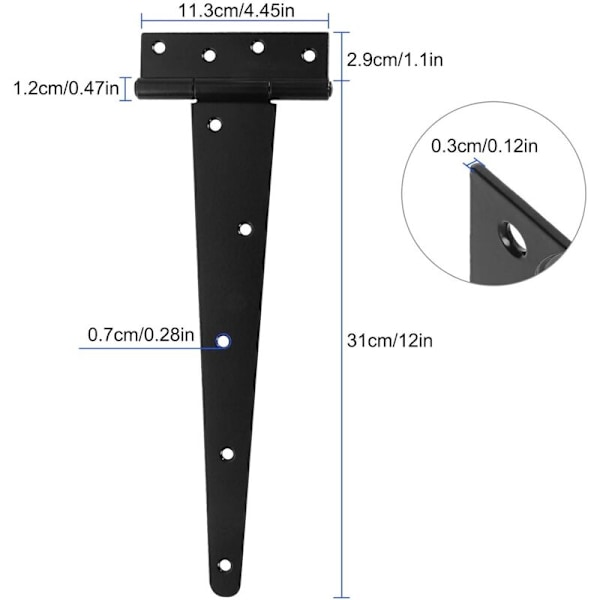 6 Pak Skurv T-Hængsler 12 Tommer Heavy Duty Sorte T-Hængsler til Lågedør, Hegn Hængsler, Skur Hængsler, Smedejernsdør Hængsler, Rustik Jern Hardware
