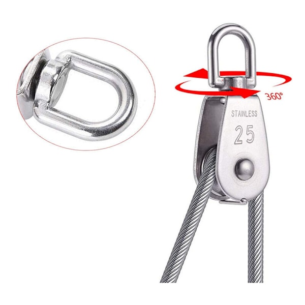 4 stk. M25 enkelt remskiveblok, 304 rustfrit stål remskive rulle, kran drejelig krog glat wire reb kabel belastning 331Lbs/150Kg