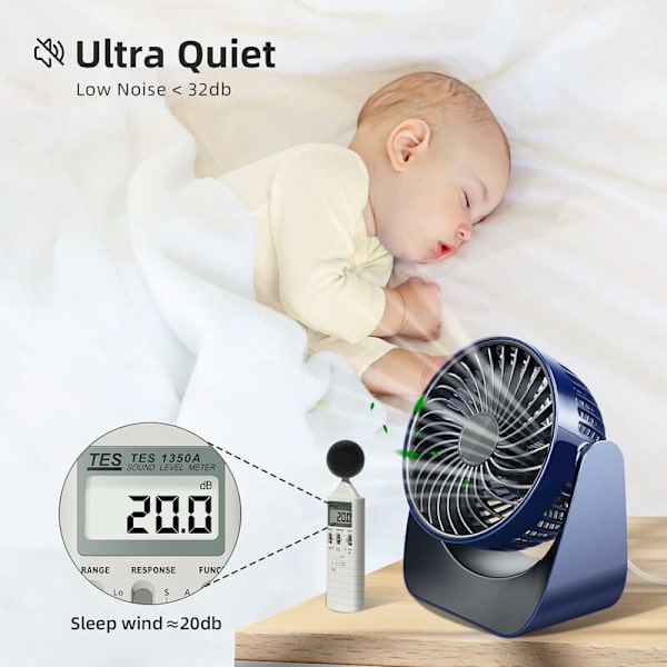 USB-tuuletin, Pieni tuuletin, 360° Kierto Kannettava Mini Hiljainen USB-tuuletin, 3 Nopeutta Työpöytätuuletin 1,5M USB-kaapelilla Toimistoon/Autoon/Matkalle/Leirintäalueelle (Tummansininen)