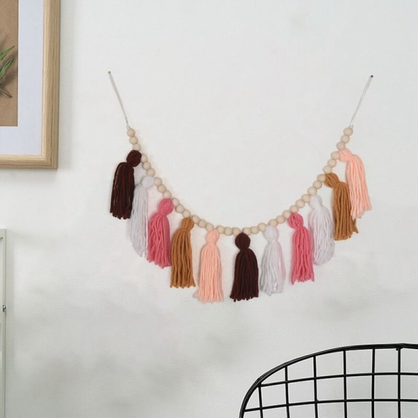 Boho Girlander Veggdekor Pastell Banner med Tretreperler og 2 Stykker Fargerike Hårballer (A)